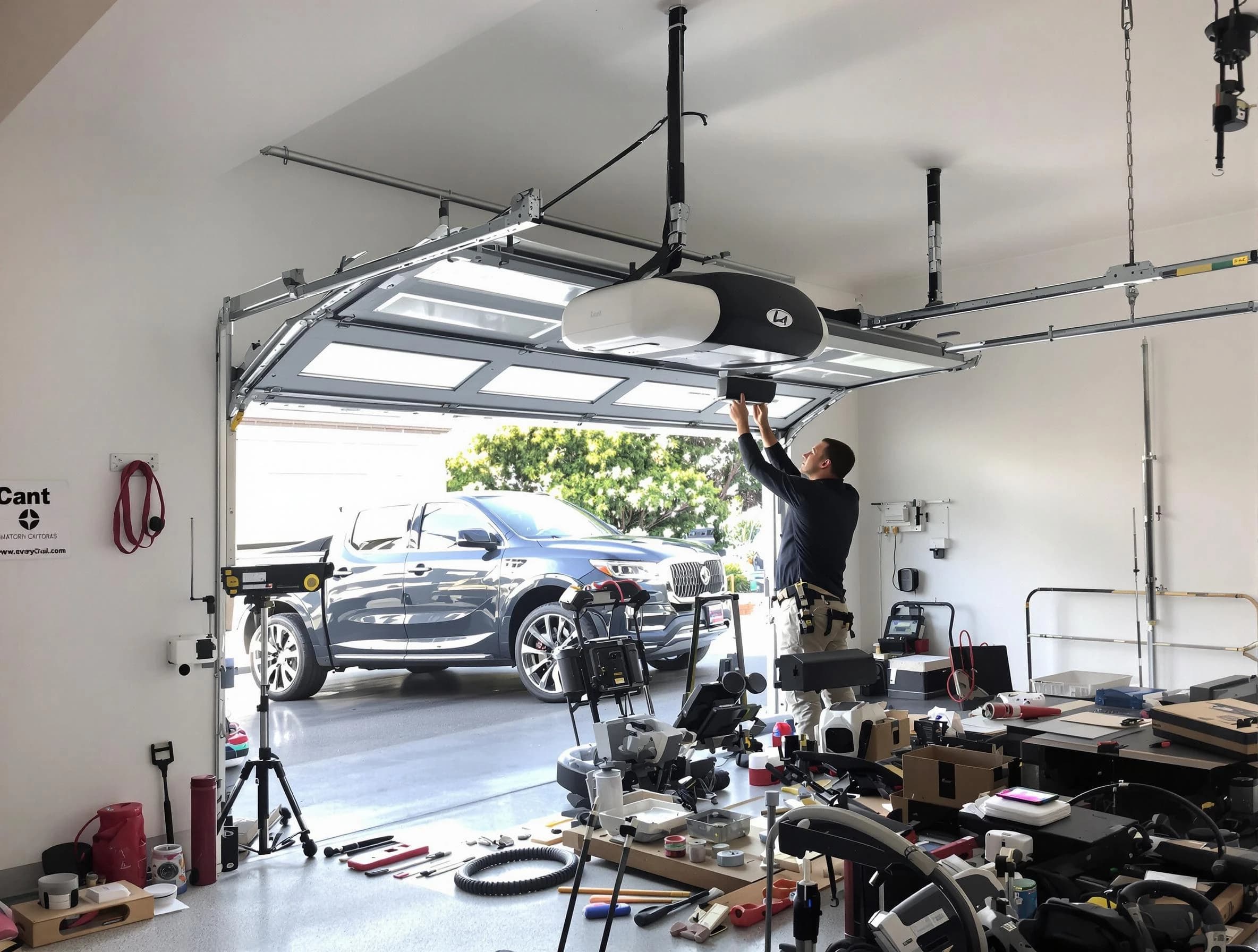 Suwanee Garage Door Repair specialist installing smart garage door opener system in Suwanee home