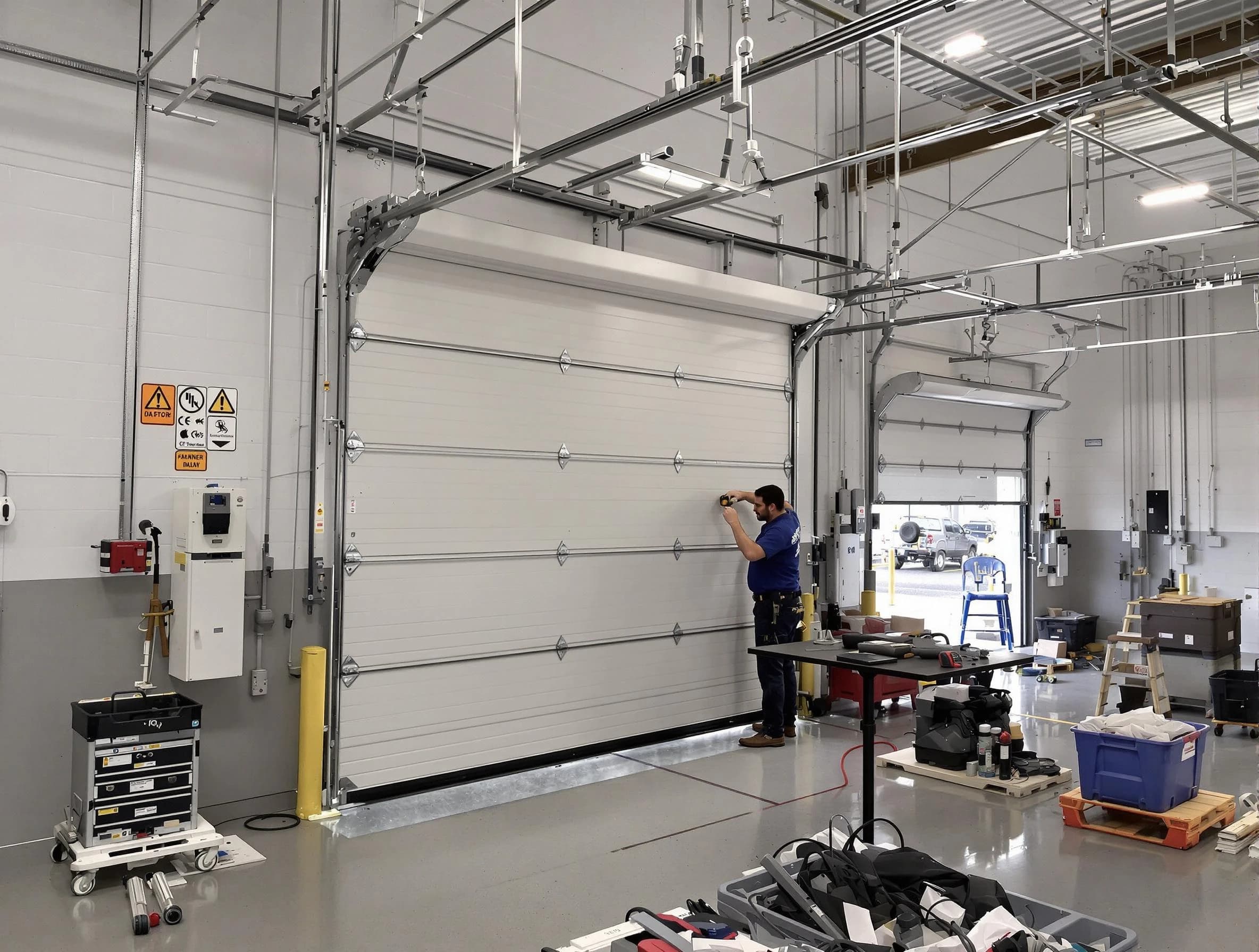 Commercial garage door repair being performed by Suwanee Garage Door Repair expert in Suwanee