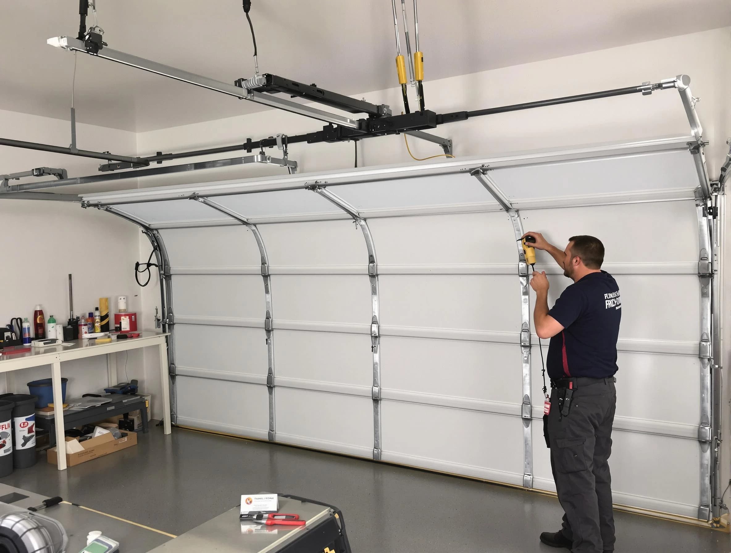 Suwanee Garage Door Repair certified technician performing overhead door system repair in Suwanee