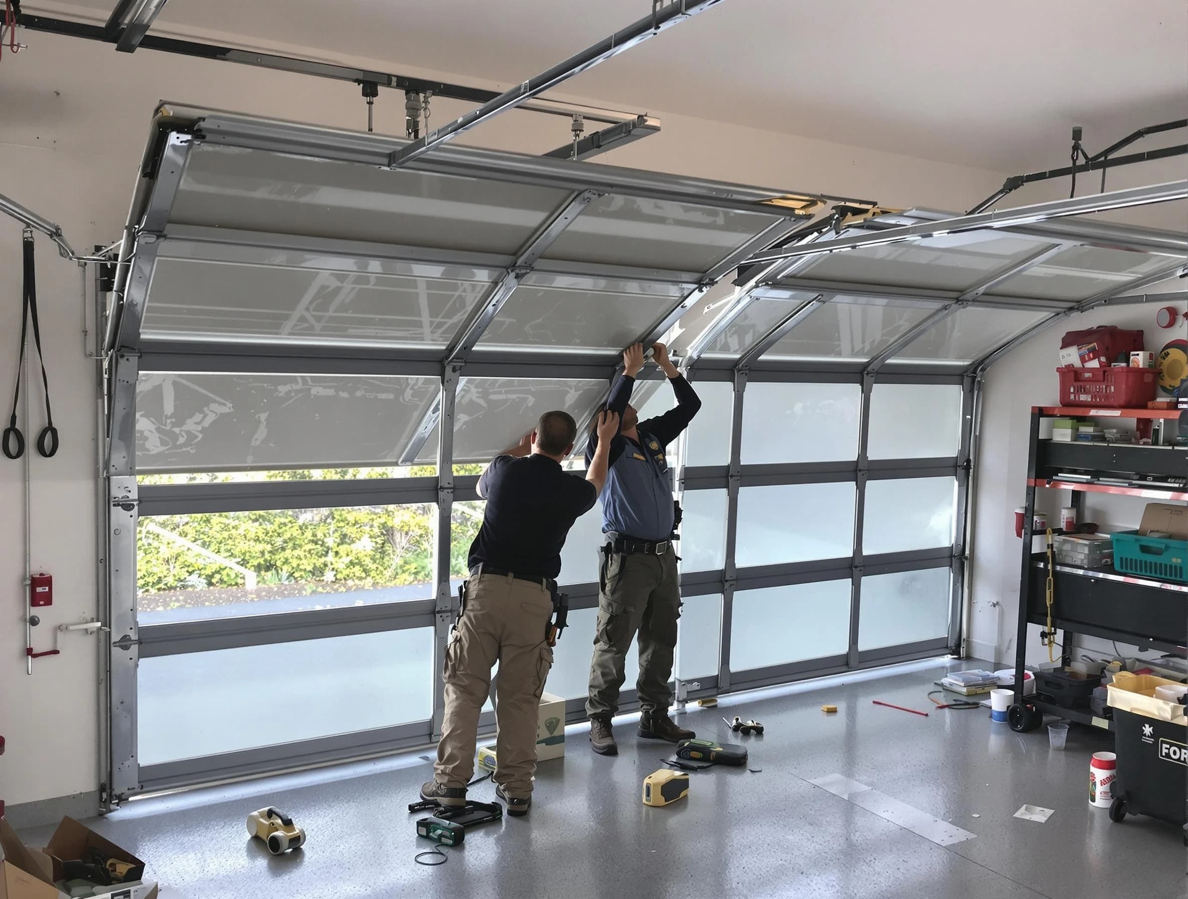 Suwanee Garage Door Repair expert performing precise panel replacement on Suwanee garage door