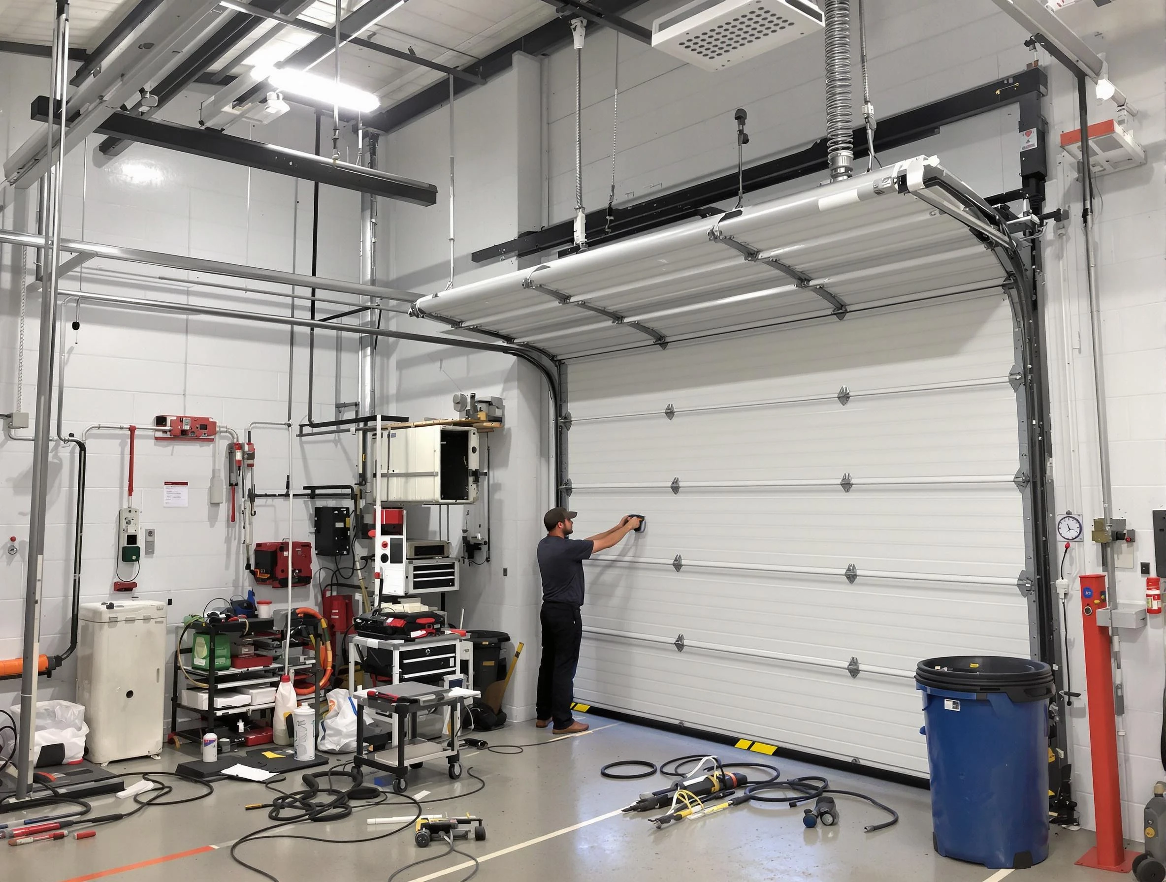 Suwanee Garage Door Repair certified technician performing commercial door repair at a Suwanee business facility