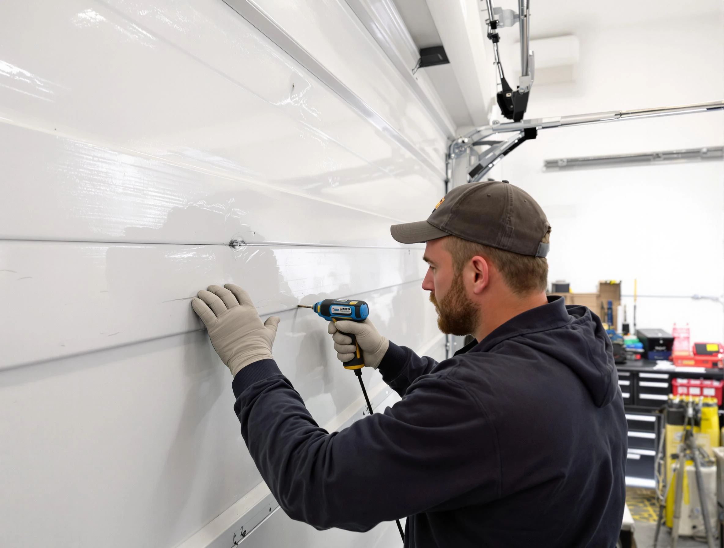 Suwanee Garage Door Repair technician demonstrating precision dent removal techniques on a Suwanee garage door