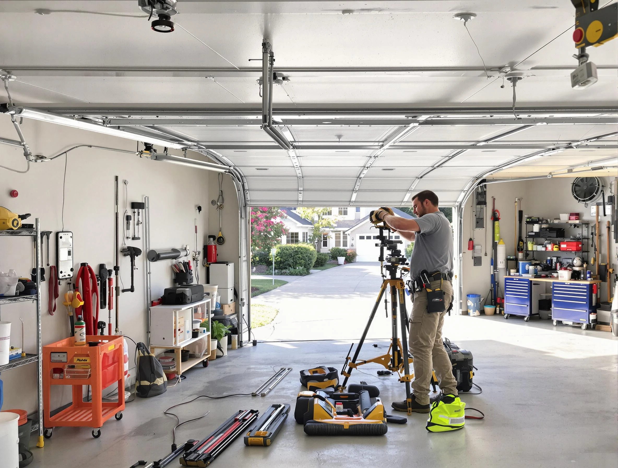 Suwanee Garage Door Repair specialist performing laser-guided track alignment in Suwanee